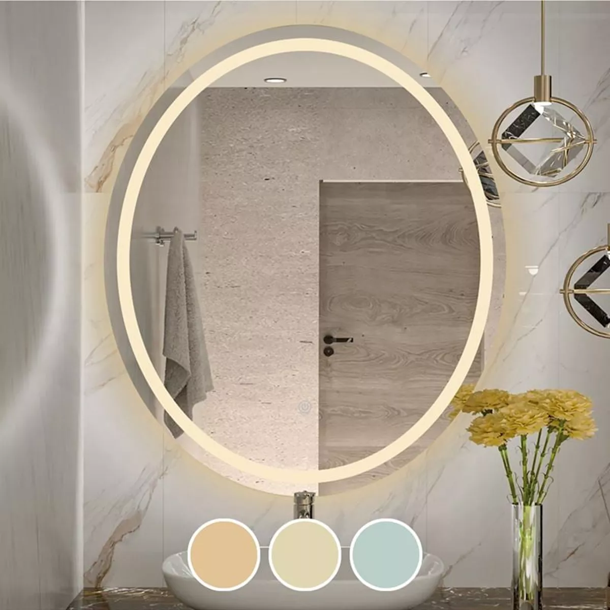 Φωτογραφία προϊόντος: Woodwell LED-3 Καθρέπτης Τοίχου Oval - Φωτιζόμενος - Αφής, με 3 επιλογές εναλλαγής χρωμάτων 60x70cm