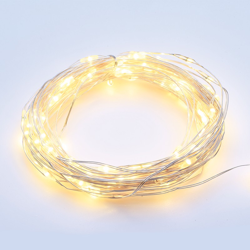 Φωτογραφία προϊόντος: ACALIGHT Λαμπάκια 100 LED σε σειρά θερμό λευκό ασημί με μπαταρίες 3xAA, χρονοδιακόπτη & καλώδιο χαλκού 10m IP44 10mm (X01100115)