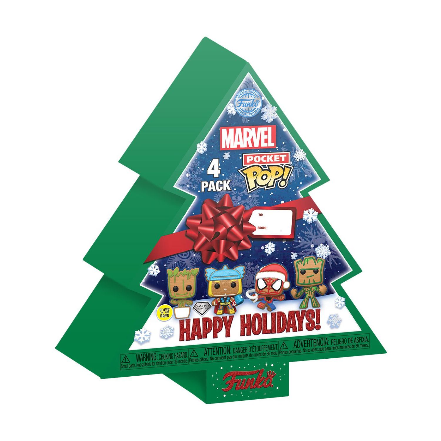 Φωτογραφία προϊόντος: Funko Pocket Pop! 4-Pack Marvel - Happy Holidays Tree Box (Glows in the Dark) (Diamond Collection) Vinyl Figures Keychain