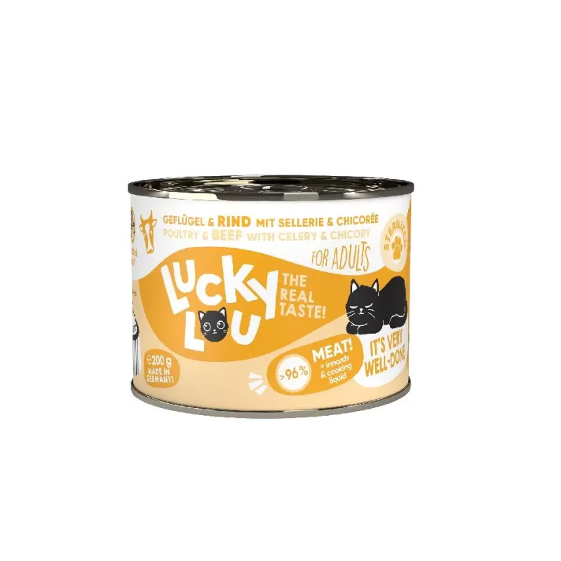 Φωτογραφία προϊόντος: Lucky Lou LifeStage Adult Sterilized Πουλερικά & Βοδινό (με Σέλινο & Κιχώριο) 200gr