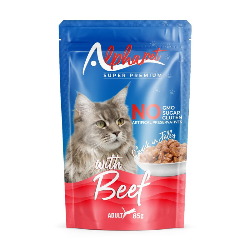Φωτογραφία προϊόντος: Alpha Pet Alphapet Super Premium Jelly 85gr για Ενήλικες Γάτες με Μοσχάρι σε Φακελάκι (Chunk in Jelly)