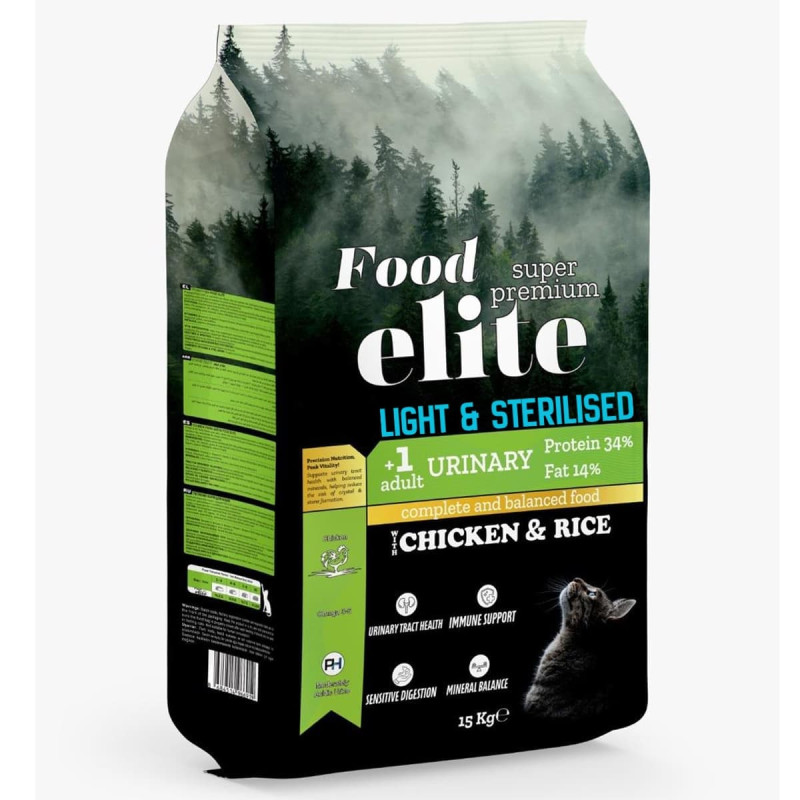 Φωτογραφία προϊόντος: Food Elite Super Premium 15kg Ξηρά Τροφή Light για Ενήλικες Στειρωμένες Γάτες με Κοτόπουλο και Ρύζι
