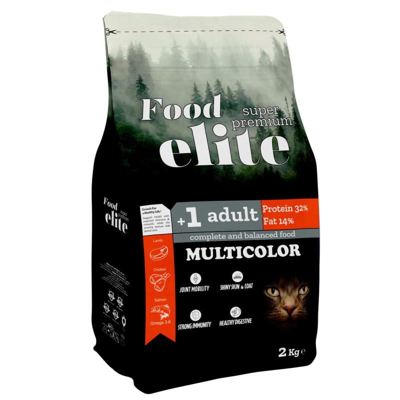 Φωτογραφία προϊόντος: Food Elite Super Premium Multicolor 2kg Ξηρά Τροφή για Ενήλικες Γάτες με Αρνί, Κοτόπουλο και Σολομό