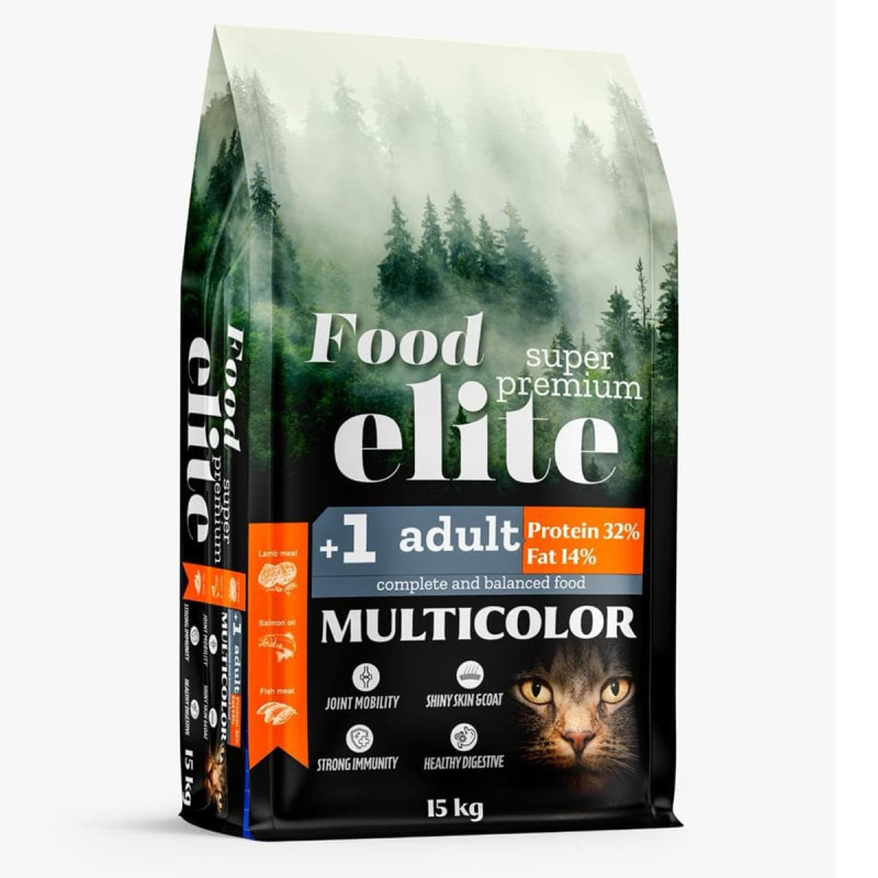 Φωτογραφία προϊόντος: Food Elite Super Premium Multicolor 15kg Ξηρά Τροφή για Ενήλικες Γάτες με Αρνί, Κοτόπουλο και Σολομό