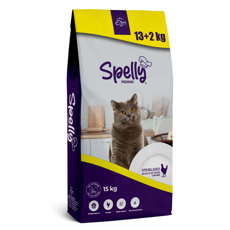 Φωτογραφία προϊόντος: Spelly Premium Low Grain 13+2kg Ξηρά Τροφή για Στειρωμένες Γάτες με Κοτόπουλο