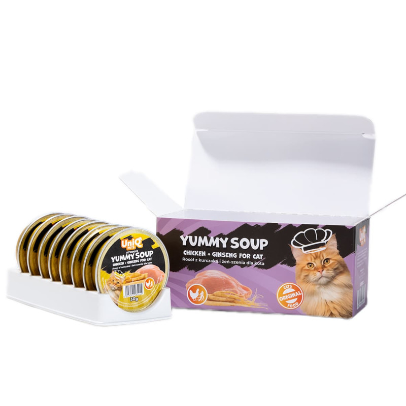 Φωτογραφία προϊόντος: Unimis Uniq Yummy Soup 30gr για Γάτες με Κοτόπουλο και Ginseng σε Τασάκι 8τμχ