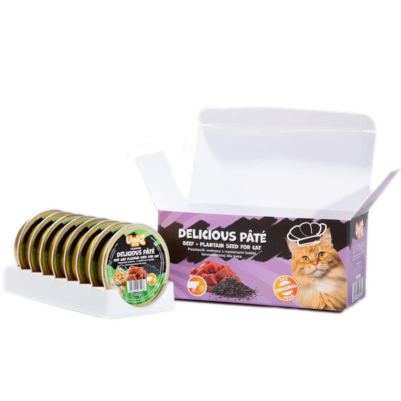 Φωτογραφία προϊόντος: Unimis Uniq Delicious Pate 30gr για Γάτες με Μοσχάρι και Σπόρους Πλάτανου σε Τασάκι 8τμχ