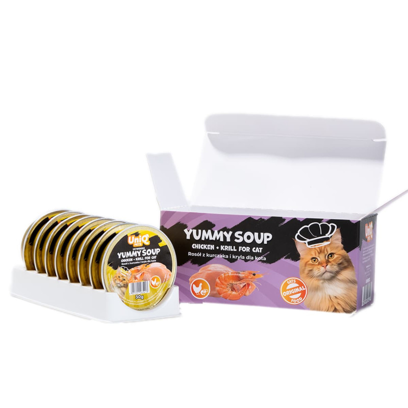 Φωτογραφία προϊόντος: Unimis Uniq Yummy Soup 30gr για Γάτες με Κοτόπουλο και Κριλ (Είδος Γαρίδας) σε Τασάκι 8τμχ