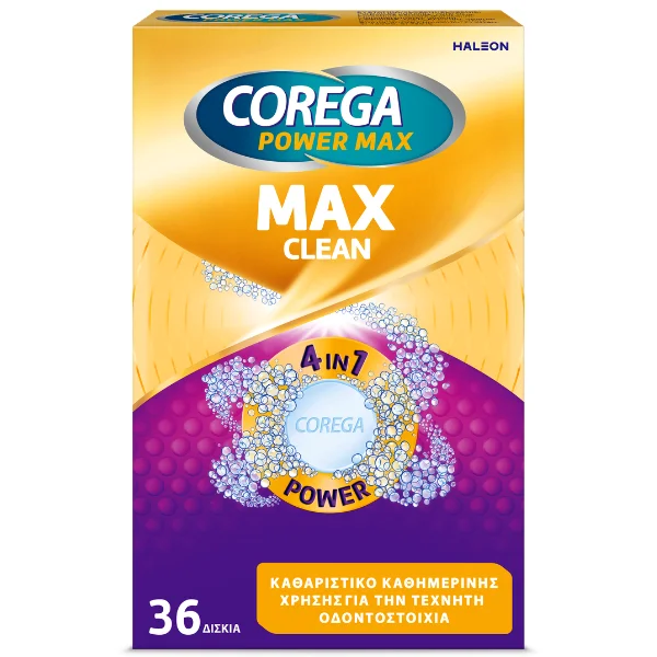 Φωτογραφία προϊόντος: Corega Max Clean Καθαριστικά Δισκία για Τεχνητές Οδοντοστοιχίες με Περισσότερο Ενεργό Οξυγόνο – 36 Δισκία