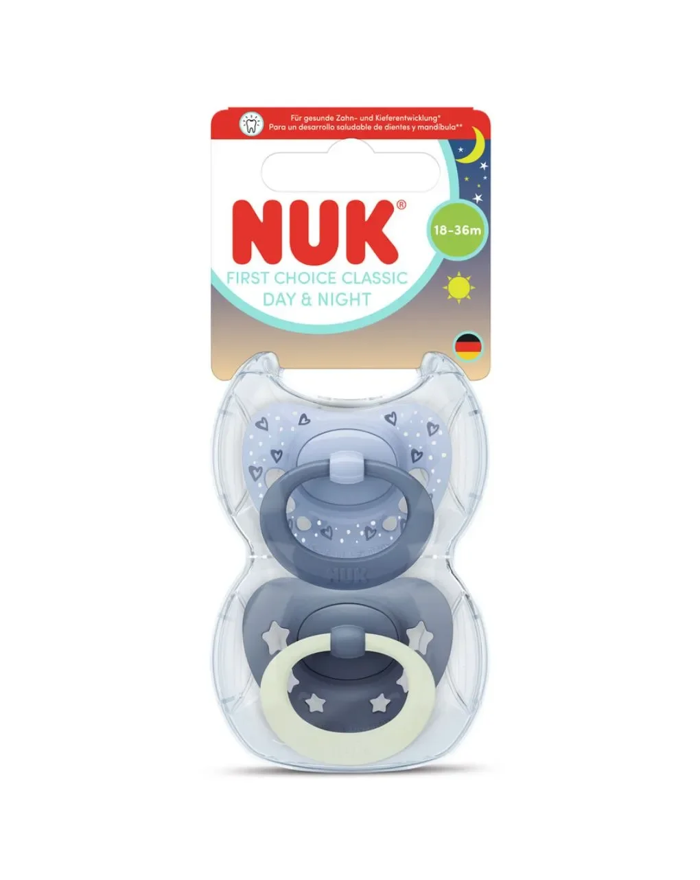 Φωτογραφία προϊόντος: Nuk First Choice Classic Day & Night Πιπίλα Σιλικόνης με Θήκη 18-36m Μπλε 2τεμ