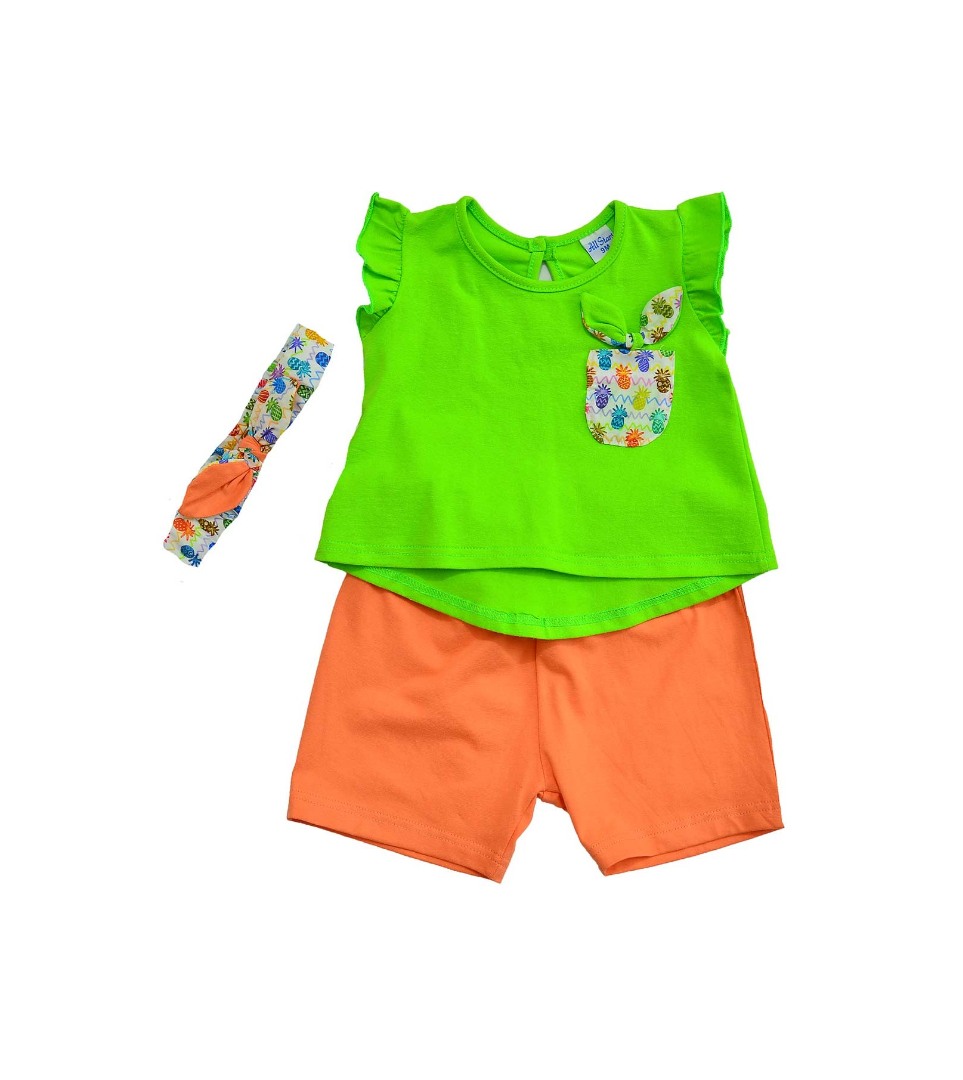 Φωτογραφία προϊόντος: All Stars Kids Fashion Βρεφικό Σετ Μπλούζα/Σορτς/Κορδέλα Πράσινο/Πορτοκαλί 14215