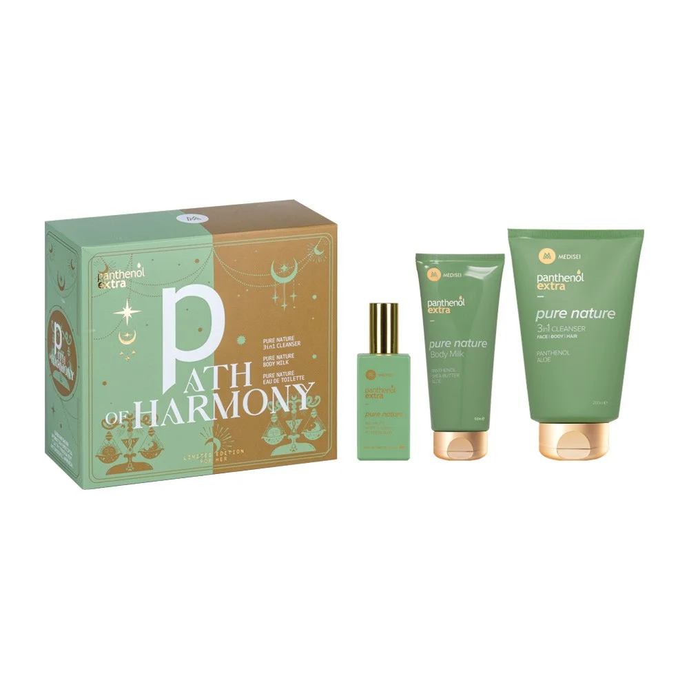 Φωτογραφία προϊόντος: Panthenol Extra Promo Path of Harmony με Pure Nature 3in1 Cleanser (Σαμπουάν-Αφρόλουτρο) 200ml & Pure Nature Body Milk 100ml & Pure Nature Eau De Toilette Γυναικείo