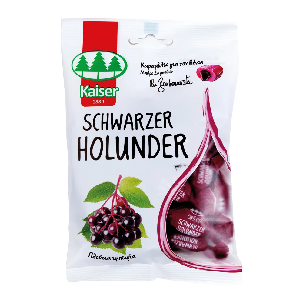 Φωτογραφία προϊόντος: Kaiser Black Elderberry Candies Καραμέλες για τον Ερεθισμένο Λαιμό & τον Βήχα με Μαύρο Σαμπούκο 90g