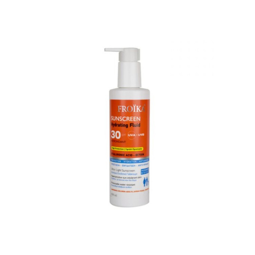 Φωτογραφία προϊόντος: Froika Sunscreen Hydrating Fluid Hyaluronic Acid SPF30 Αντιηλιακό Γαλάκτωμα Με Υαλουρονικό Οξύ Για Πρόσωπο & Σώμα 250ml