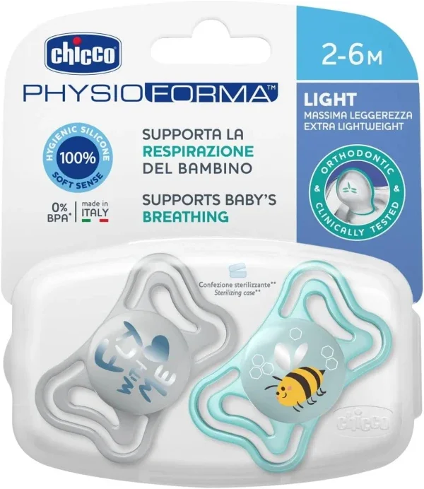 Φωτογραφία προϊόντος: Chicco PhysioForma Light Πιπίλα Σιλικόνης 2-6m Γκρι-Τιρκουάζ Fly with Me 2τμχ
