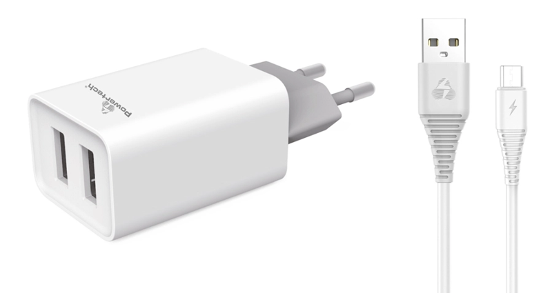 Φωτογραφία προϊόντος: Powertech PT-775 2xUSB White (Φορτιστής Σπιτιού & Καλώδιο micro USB)