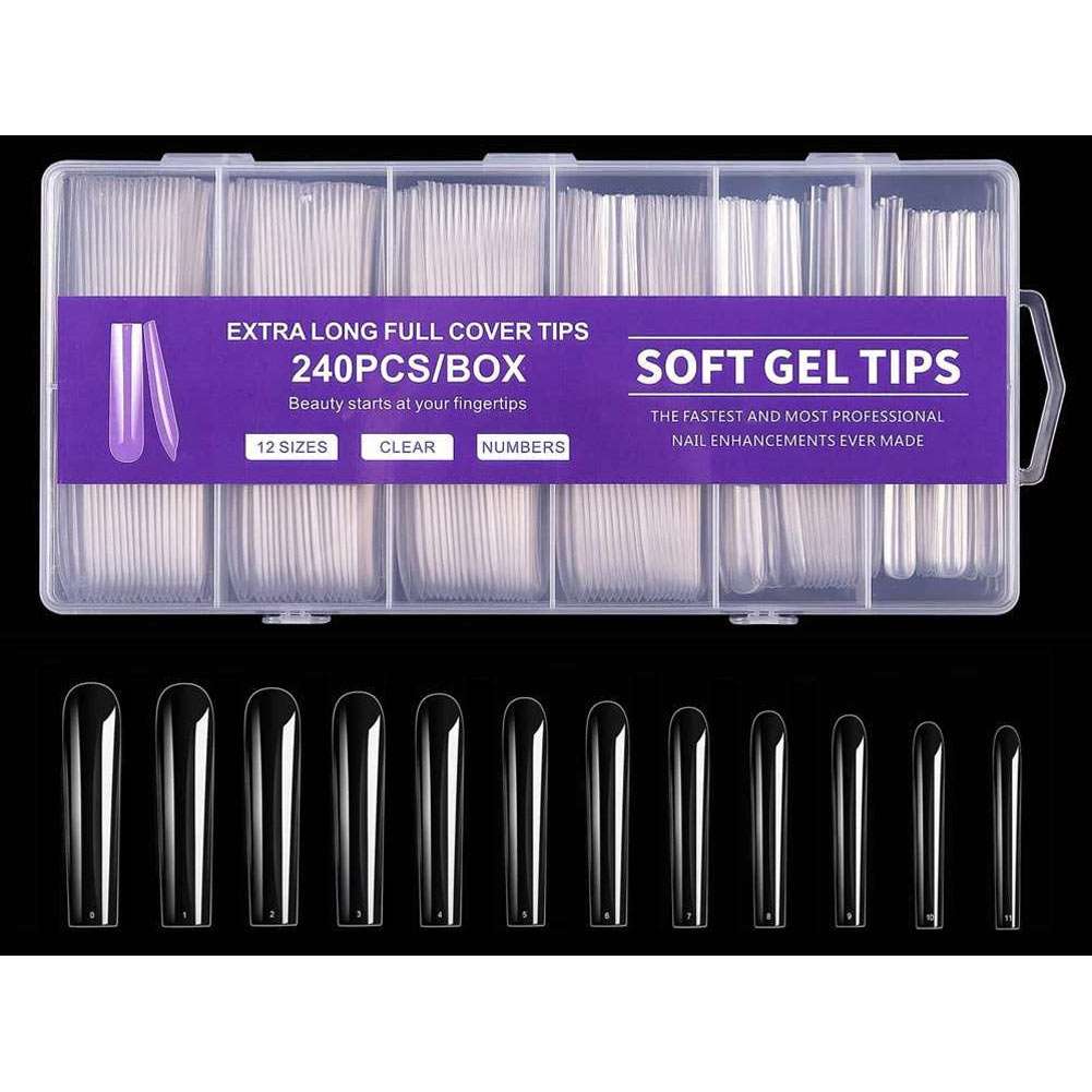 Φωτογραφία προϊόντος: Extra long full cover tips XL Square soft gel tips 240τμχ 12 μεγέθη