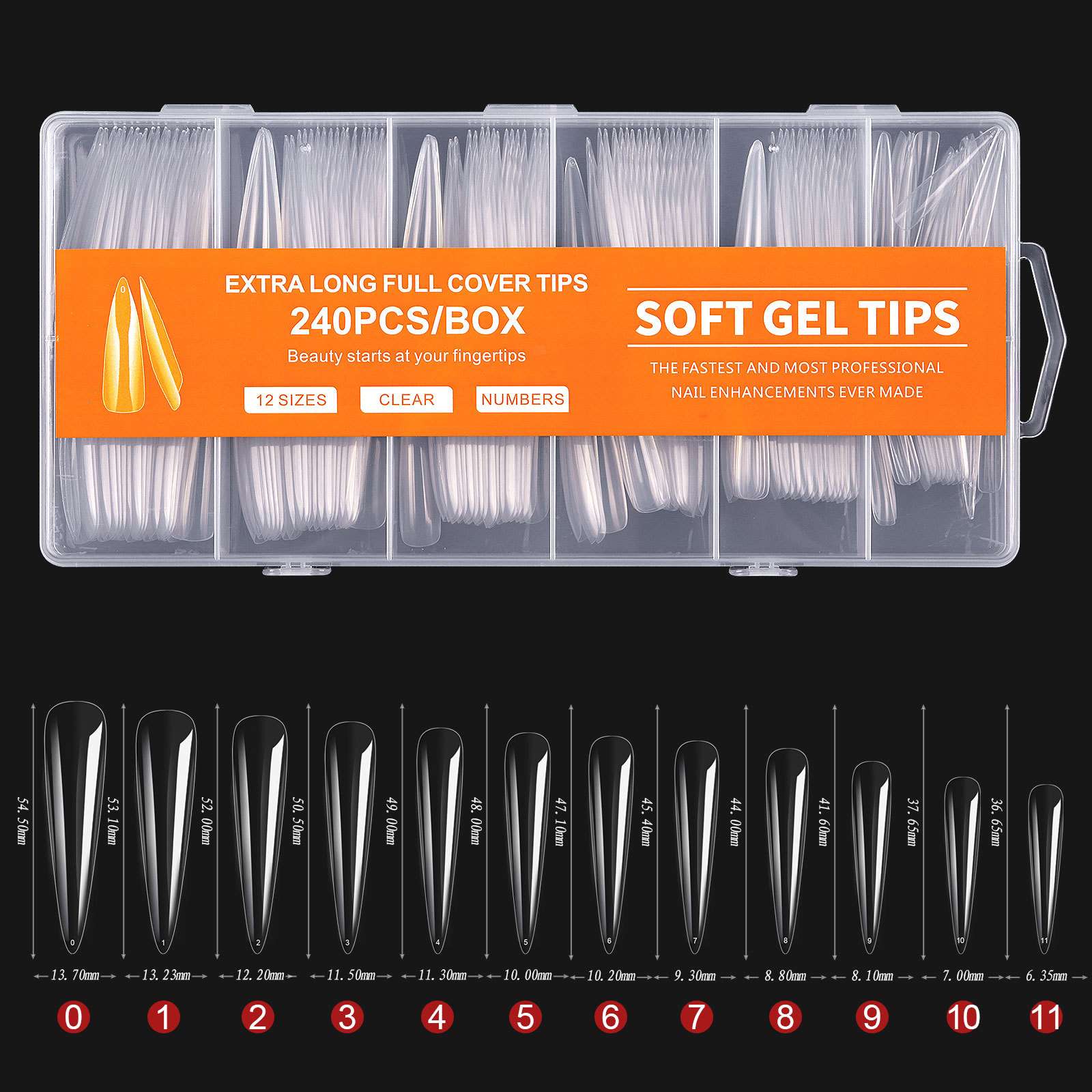 Φωτογραφία προϊόντος: Soft gel tips extra long 240τμχ – 12 διαφορετικά σχέδια (πορτοκάλι) – OEM