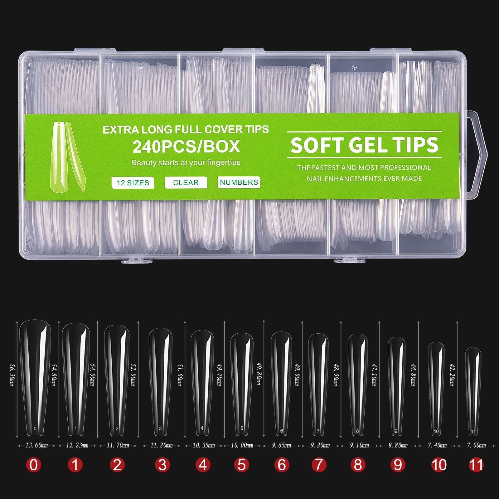Φωτογραφία προϊόντος: Soft gel tips extra long 240 τμχ – 12 σχέδια, πράσινο (OEM)