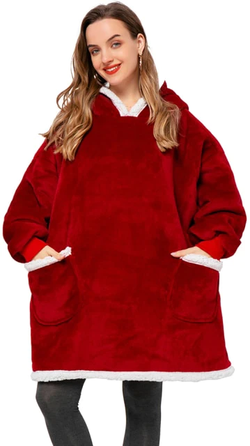 Φωτογραφία προϊόντος: Oversized fleece κουβέρτα Unisex με κουκούλα και μανίκια ΚΟΚΚΙΝΟ