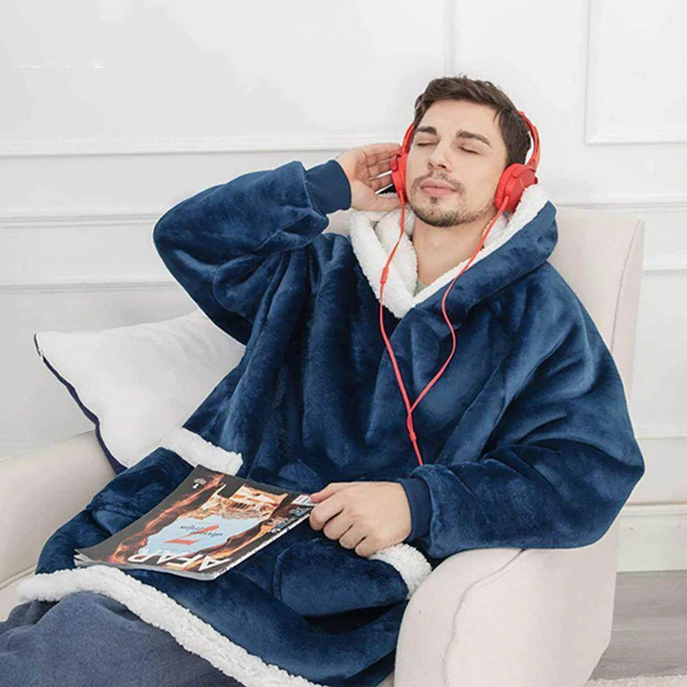 Φωτογραφία προϊόντος: Oversized fleece κουβέρτα Unisex με κουκούλα και μανίκια ΜΠΛΕ