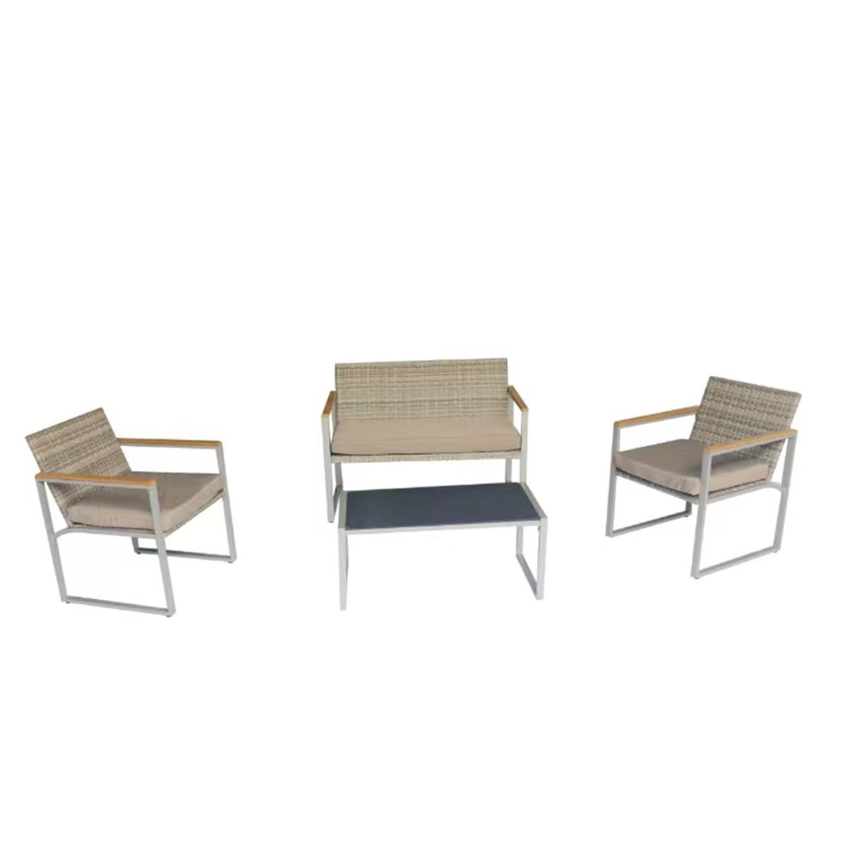 Φωτογραφία προϊόντος: Artekko Artekko Rattan Set/4 2θέσιος καναπές + 2 πολυθρόνες + τραπέζι (γκρι σκελετός, μαύρο τζάμι, μπεζ μαξιλάρια)