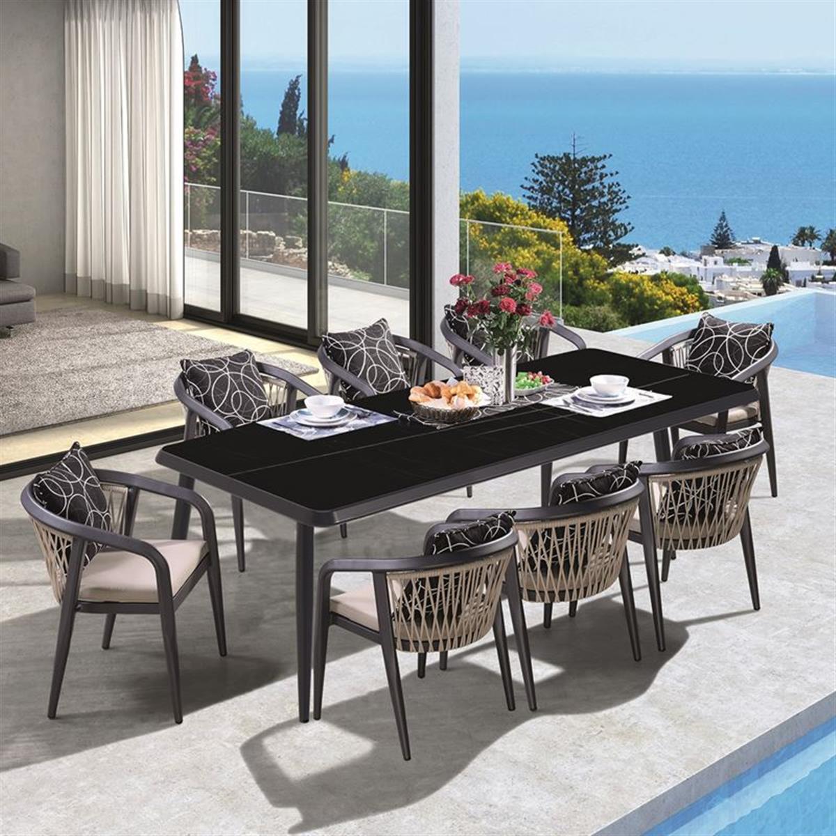 Φωτογραφία προϊόντος: JARDIN Τραπεζαρία Woodwell ALU Ανθρακί / HPL Μαύρο / Rope Μπεζ: Τραπέζι + 8 Πολυθρόνες με Μαξιλάρια
