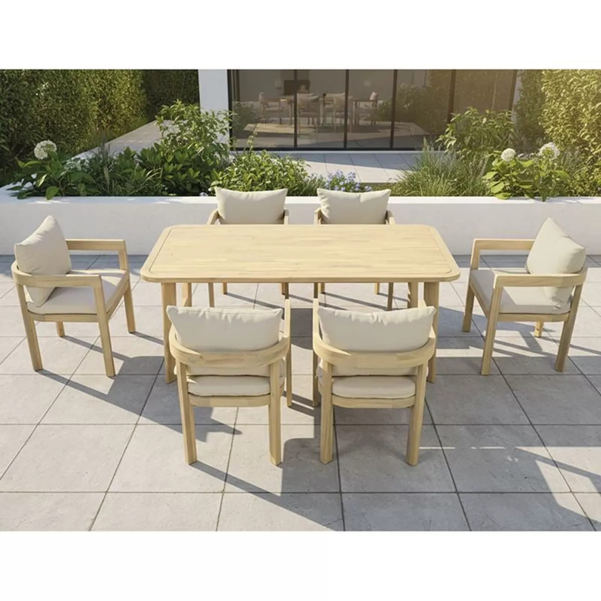 Φωτογραφία προϊόντος: Woodwell FLORIDA Dining Set (7τ) για Κήπο/Βεράντα, Ακακία, Μαξιλάρια Μπεζ