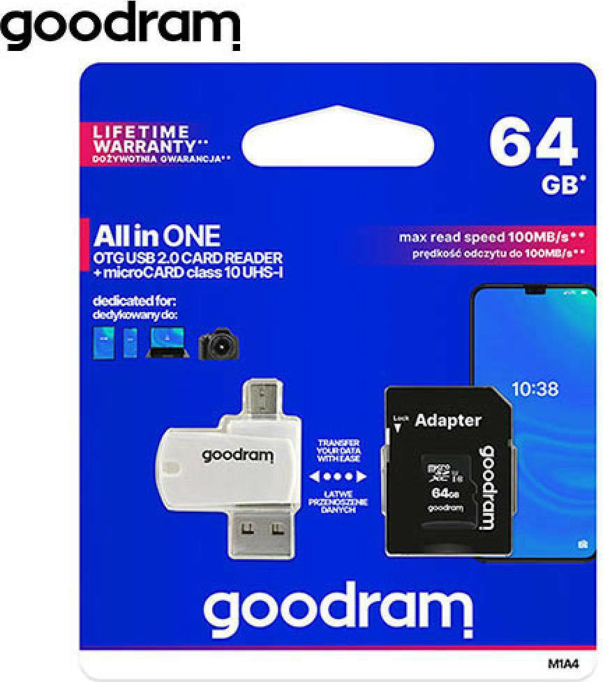 Φωτογραφία προϊόντος: GoodRAM microSDXC 64GB Class 10 with USB Reader M1A4-0640R12
