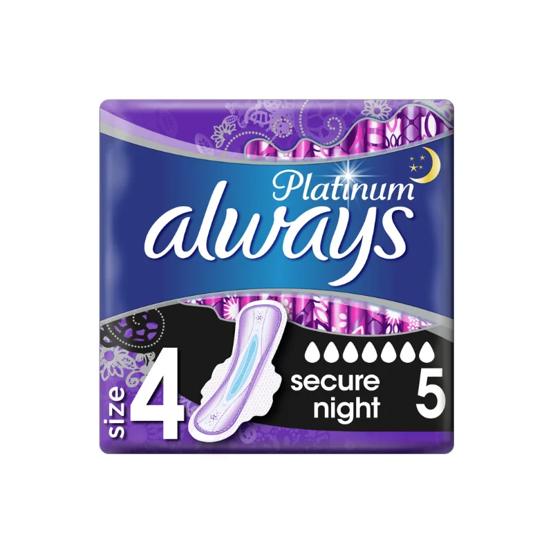 Φωτογραφία προϊόντος: Always Platinum Secure Night Σερβιέτες με Φτερά Νυκτός για Αυξημένη Ροή 7 Σταγόνες, Μέγεθος 4, 5τμχ
