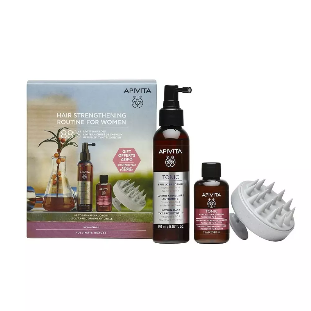 Φωτογραφία προϊόντος: Apivita Promo Tonic Hair Loss Lotion 150ml + Women’s Tonic Shampoo 75ml + Δώρο Scalp Massager 1 τεμάχιο