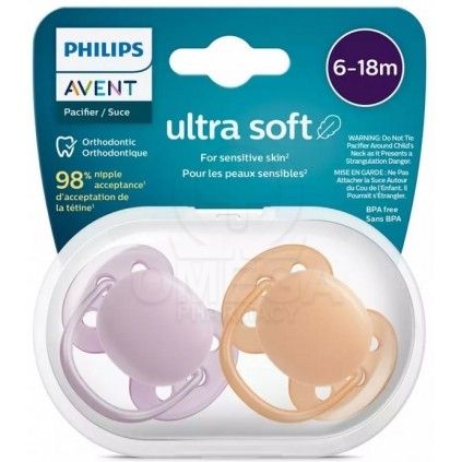 Φωτογραφία προϊόντος: Avent Πιπίλα Ultra Soft Ορθοδοντική 6-18m 2τμχ Μωβ- Πορτοκαλί (SCF091/33)