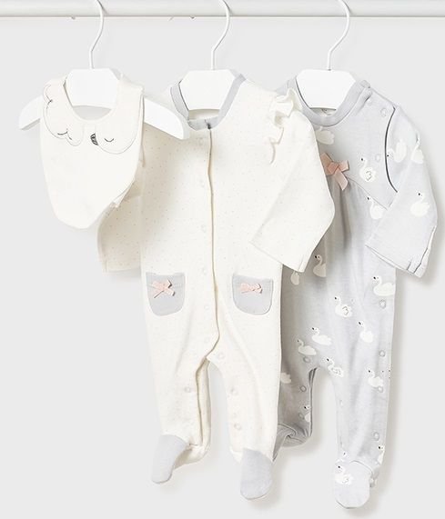 Φωτογραφία προϊόντος: Mayoral New Born σετ 2 Φορμάκια-Πυτζαμάκια με Σαλιάρα Ecofriends Χρώμα 57 Ασημί (12-02609-057)