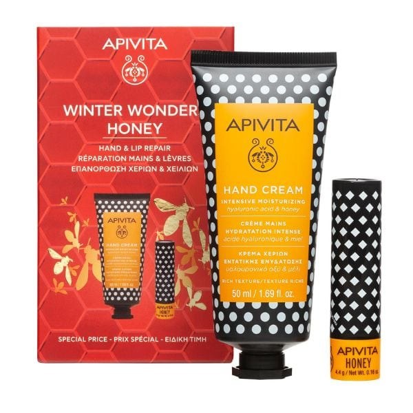 Φωτογραφία προϊόντος: Apivita Winter Wonders Honey Hand + Lip Repair Κρέμα Χεριών με Υαλουρονικό Οξύ + Μέλι 50 ml + Lip Care Μέλι 4.4 gr
