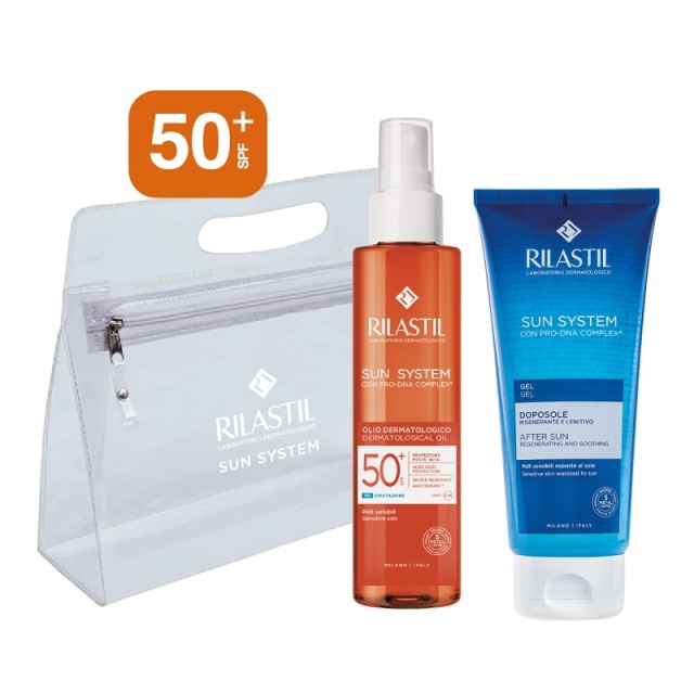 Φωτογραφία προϊόντος: Rilastil Promo Pack Sun System Dermatological Oil SPF50+ 200ml + Δώρο After Sun Gel 200ml + Νεσεσέρ Λευκό