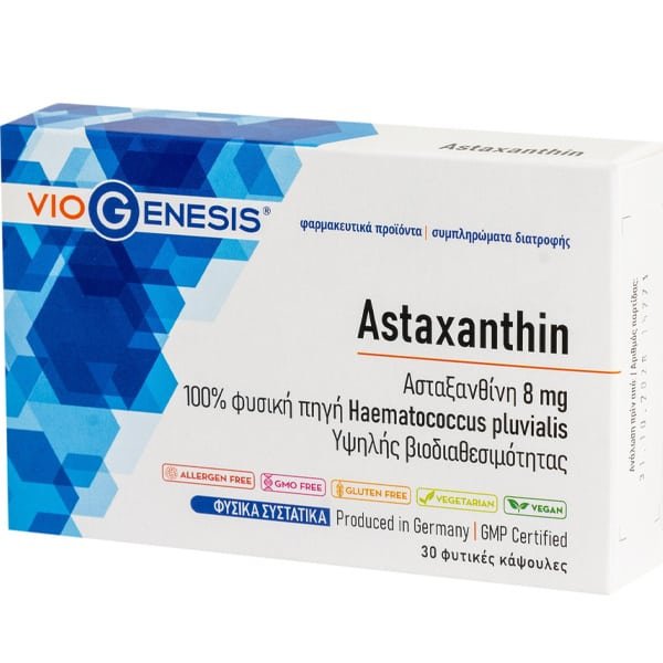 Φωτογραφία προϊόντος: VioGenesis Astaxanthin 8mg Συμπλήρωμα Διατροφής Με Ελαιορητίνη Πλούσια Σε Ασταξανθίνη Από Φύκη Haematococcus Pluvialis 30 φυτικές κάψουλες