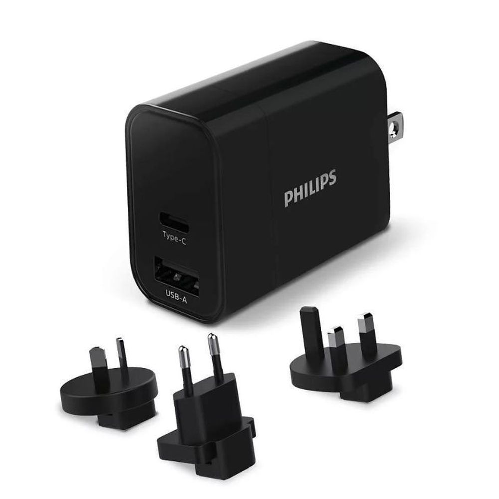 Φωτογραφία προϊόντος: Philips DLP2621T/GRS Γρήγορος επιτοίχιος φορτιστής ταξιδιού με αντάπτορες και θύρες 1C 1A 30W
