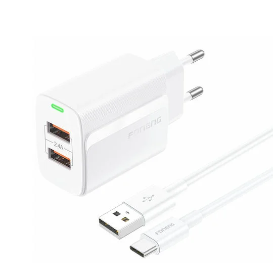 Φωτογραφία προϊόντος: Foneng Φορτιστής με 2 Θύρες USB-A και Καλώδιο USB-C 12W Λευκός (EU63)