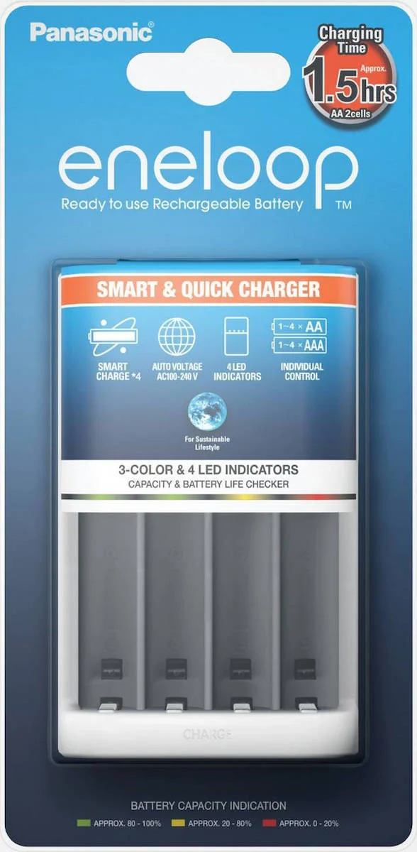 Φωτογραφία προϊόντος: Panasonic Eneloop Smart & Quick BQ-CC55 Φορτιστής 4 Μπαταριών Ni-MH AA/AAA (Λευκό)