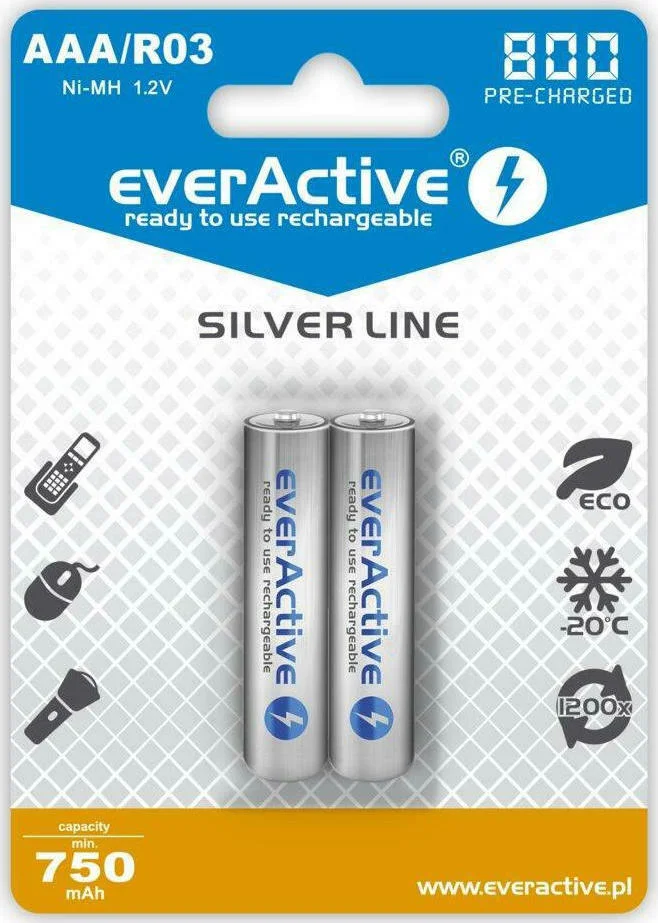 Φωτογραφία προϊόντος: everActive Silver Line AAA Ni-MH 800mAh 1,2V Επαναφορτιζόμενες Μπαταρίες (2 τμχ) — EVHRL03-800