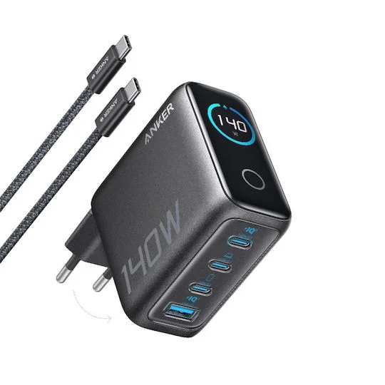 Φωτογραφία προϊόντος: Anker Φορτιστής GaN 140W με USB-A και 3 Θύρες USB-C + Καλώδιο USB-C σε USB-C, Μαύρος (B2697) (B2697GZ1)