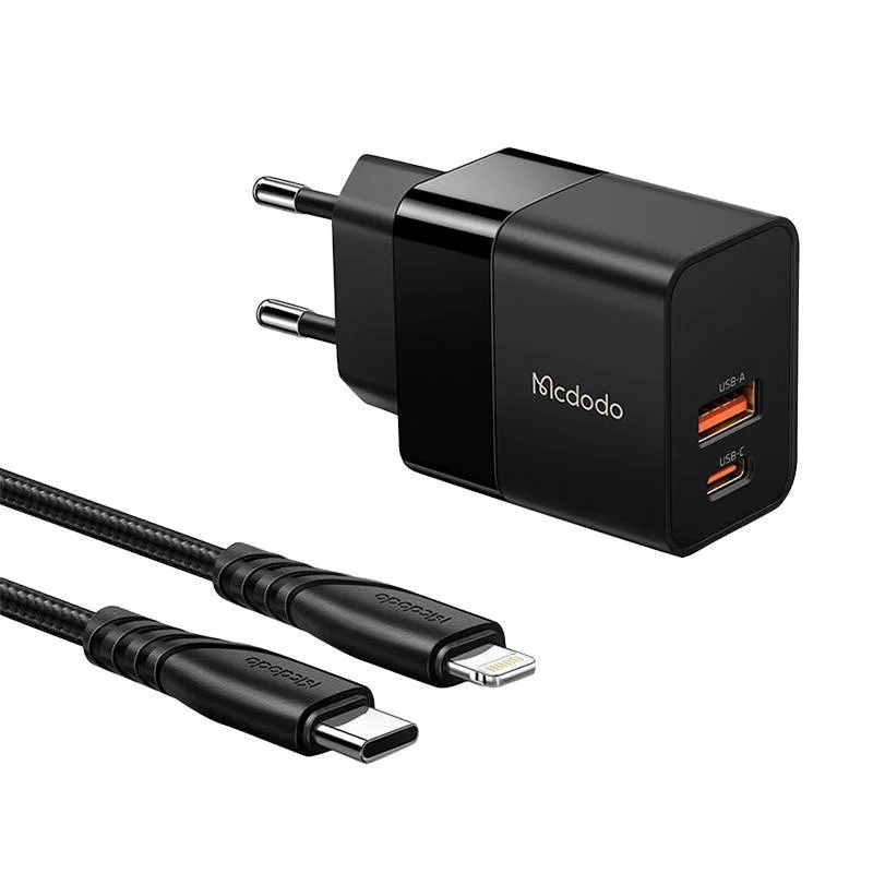 Φωτογραφία προϊόντος: Mcdodo Φορτιστής με Θύρα USB-A και Θύρα USB-C και Καλώδιο Lightning 20W Μαύρος (CH-1952)