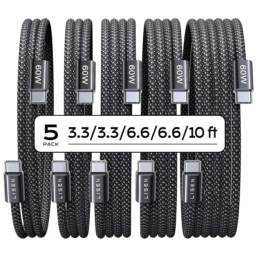 Φωτογραφία προϊόντος: Καλώδιο USB-C σε USB-C Lisen, 60W, 3A, Σετ 5 Τεμαχίων (2 x 1m, 2 x 2m, 1 x 3m), Μαύρο