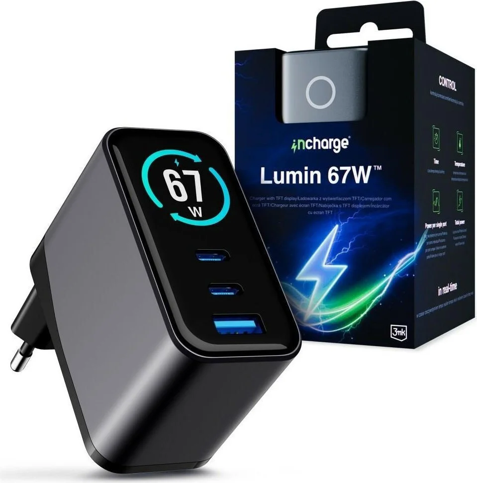 Φωτογραφία προϊόντος: 3MK InCharge Lumin 67W Φορτιστής Χωρίς Καλώδιο με USB-A + 2× USB-C, Power Delivery & Quick Charge 4+ (Μαύρος)