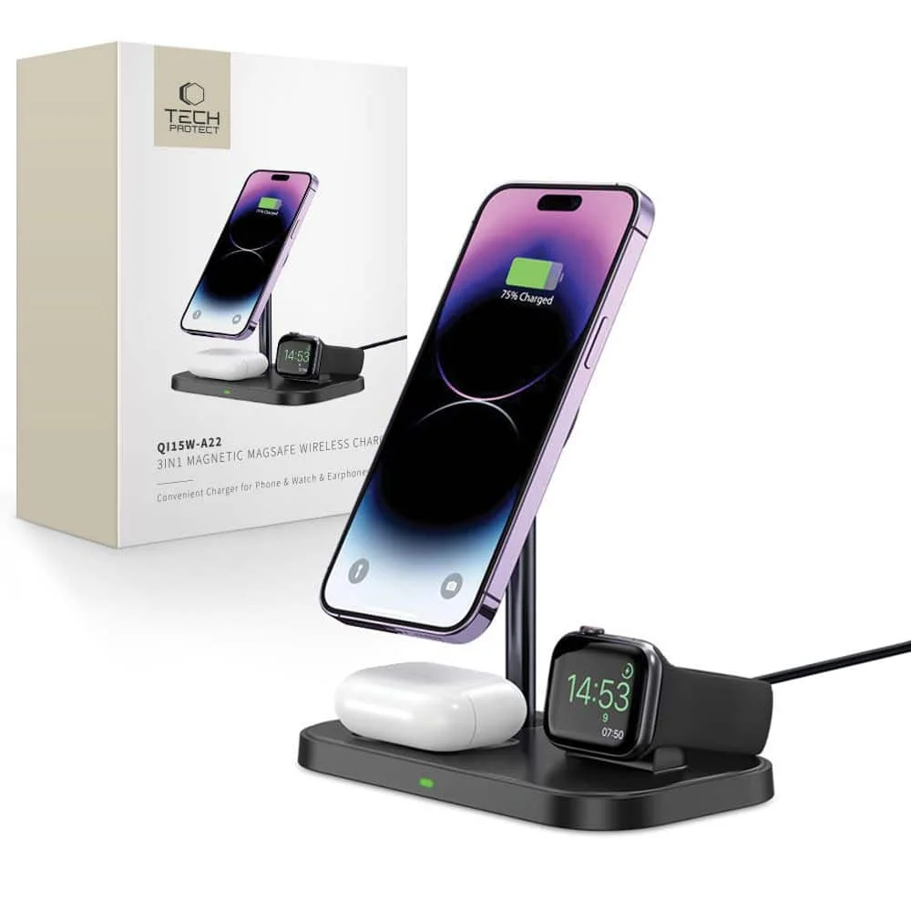 Φωτογραφία προϊόντος: TECH-PROTECT QI15W A22 Ασύρματος Φορτιστής 3-σε-1 με Μαγνητικό Magsafe, Μαύρος
