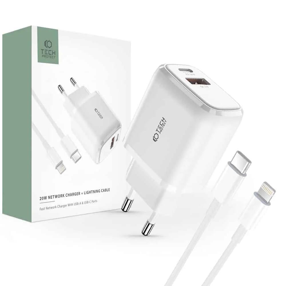 Φωτογραφία προϊόντος: TECH-PROTECT C20W Φορτιστής 2 θυρών με PD20W/QC3.0 + Καλώδιο Lightning (Λευκό)