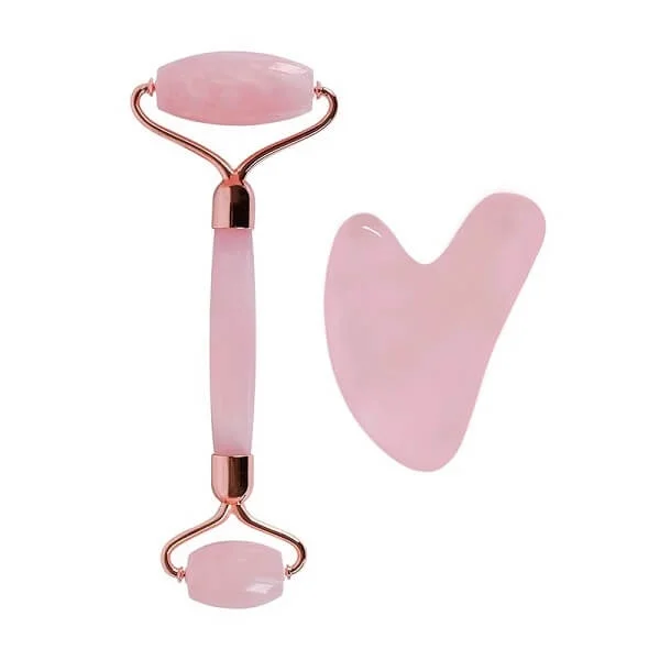 Φωτογραφία προϊόντος: OEM Σετ Pink Quartz Roller & Gua Sha Εργαλεία Γλυπτικής Προσώπου από Ροζ Χαλαζία