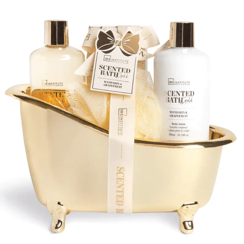 Φωτογραφία προϊόντος: IDC Scented Bath Gold Giftset Mandarin + Grapefruit 300ml Shower Gel, 300ml Body Lotion, 150g Bath Salts + Puff