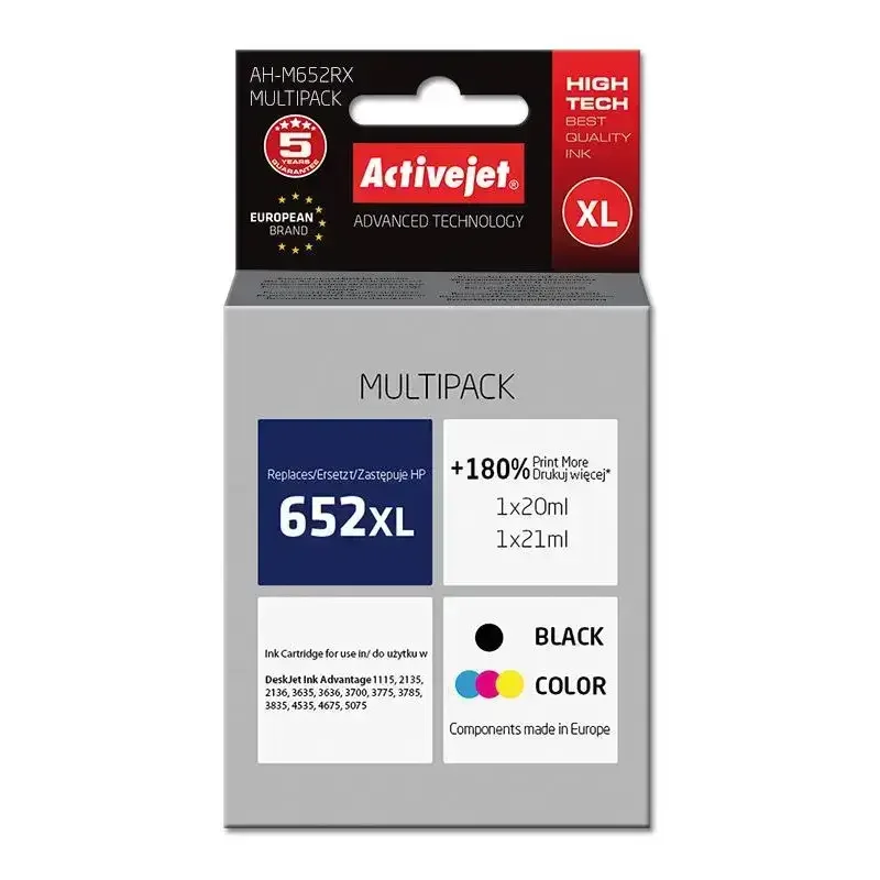 Φωτογραφία προϊόντος: Activejet Συμβατά μελάνια HP 652XL black F6V25AE και Ηp 652XL color F6V24AE