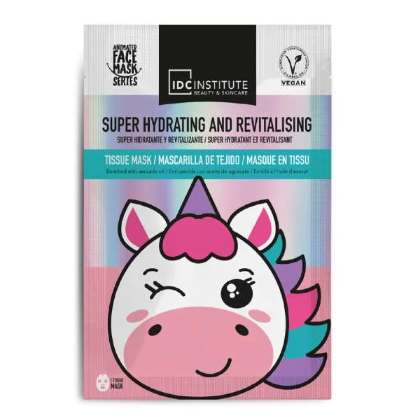 Φωτογραφία προϊόντος: IDC Institute Vegan Cute Animals Animated Mask Μάσκα Προσώπου Unicorn Εκτύπωση σε Πανί Super Hydrating + Revitalising Βαθιάς Ενυδάτωσης + Αναζωογόνησης 25gr